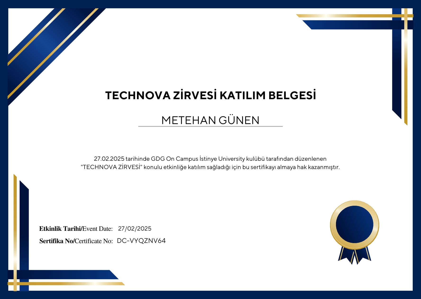 TECHNOVA Zirvesi Sertifikası